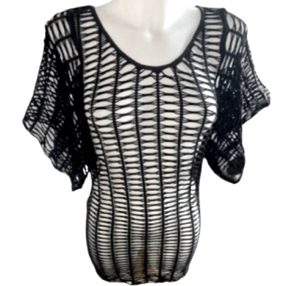 Bebe Solid Black Mesh Fishnet Bat Wing Sleeves Mini Dress / Swim Cover Up Small
